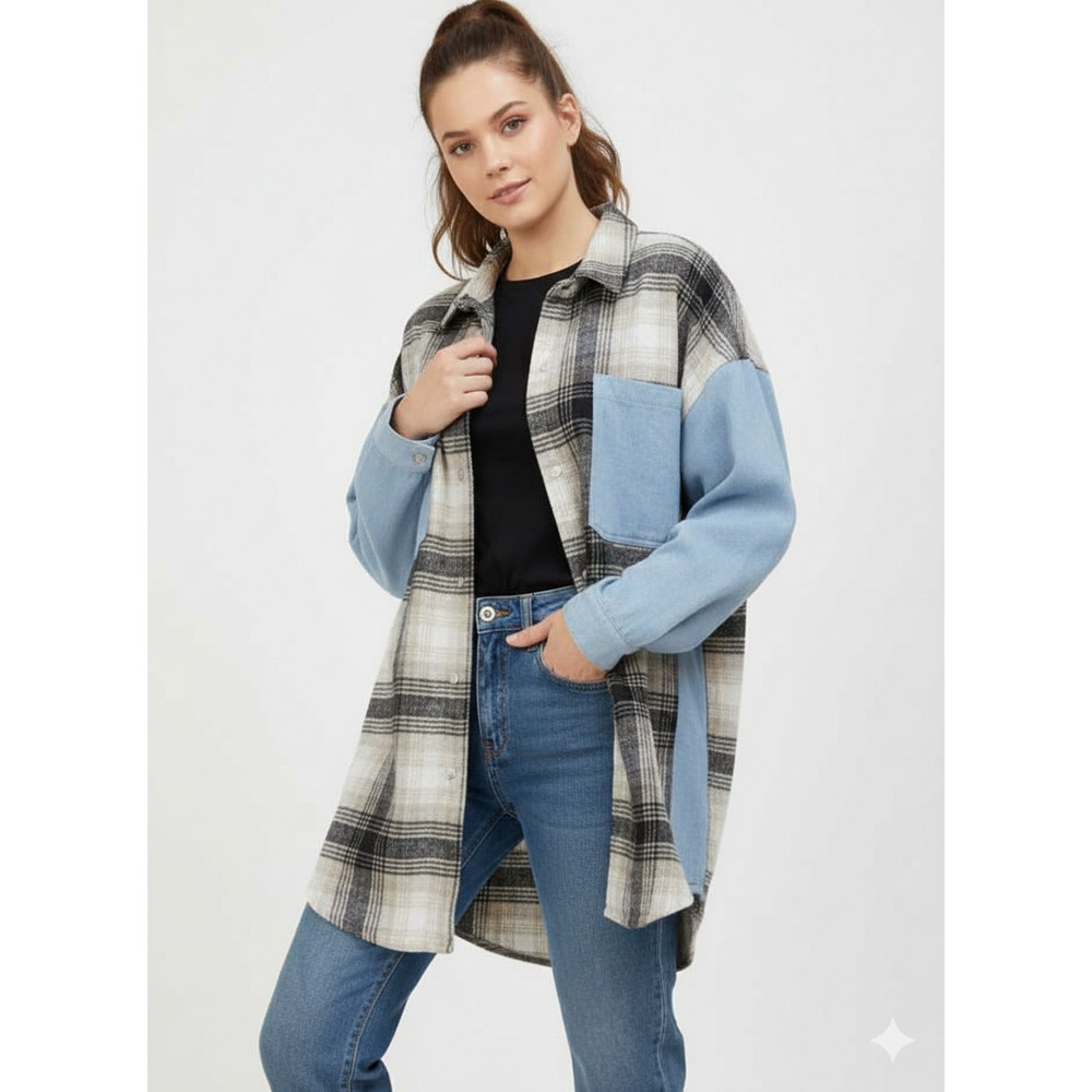 GLAM Oversized Blue Denim Flannel Taupe Plaid Patchwork Button Down Shacket, Med